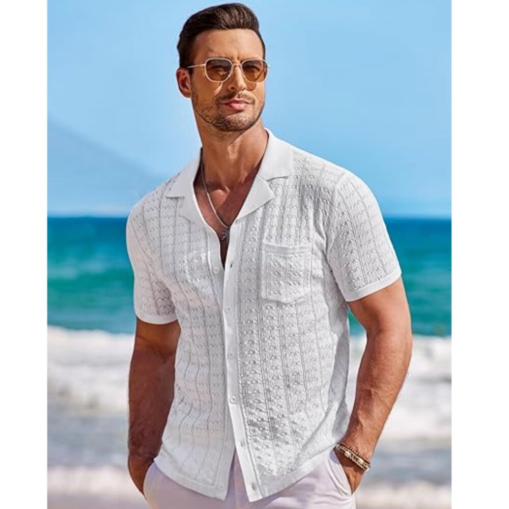 NWT! Coofandy Knit Short Sleeve Botton Up Polo Shirt, L, White